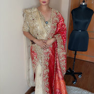 VASTRAYAM Exclusive Ivory Red Handwork Silk Drape Set
