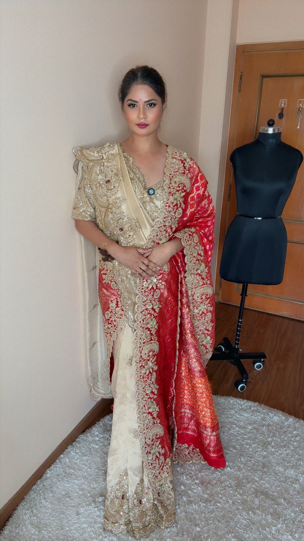 VASTRAYAM Exclusive Ivory Red Handwork Silk Drape Set