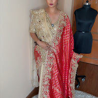 VASTRAYAM Exclusive Ivory Red Handwork Silk Drape Set