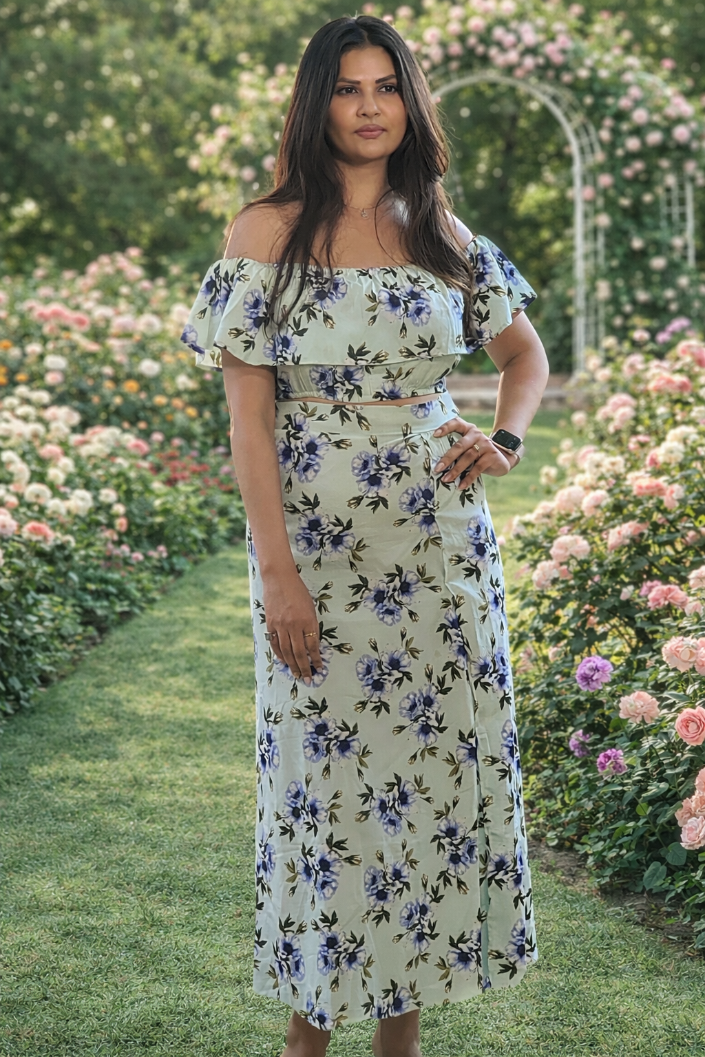 Floral Off-Shoulder Co-Ord Set With Elegant Side Slit