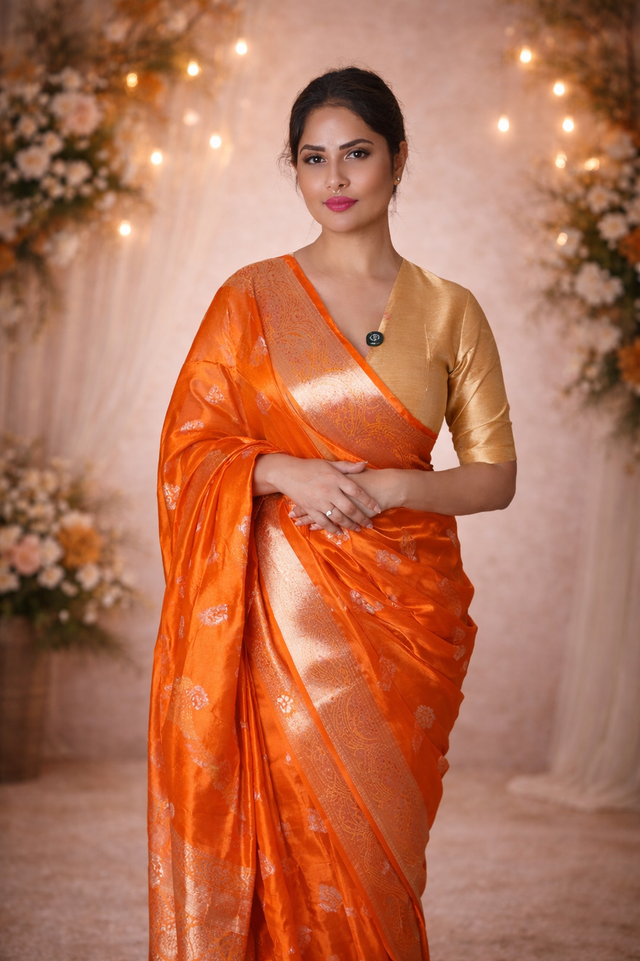 Metallic Orange Tissue Silk Meenakari Banarasi Saree