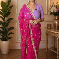 VASTRAYAM Rani Pink Georgette Saree With Golden Work