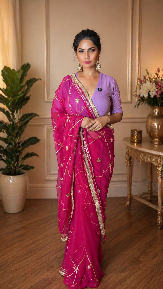 VASTRAYAM Rani Pink Georgette Saree With Golden Work