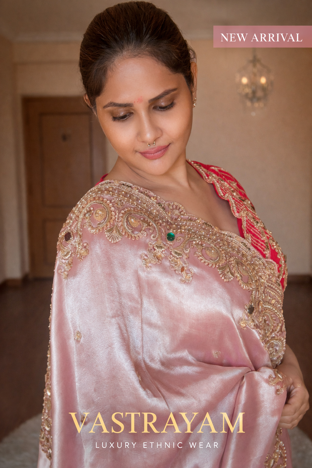 VASTRAYAM Pink Handwork Silk Saree with Designer Blouse