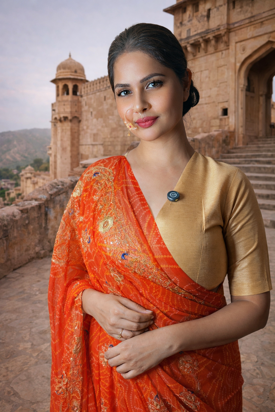 Royal Bandhani Georgette Saree with Golden Embellishment Work