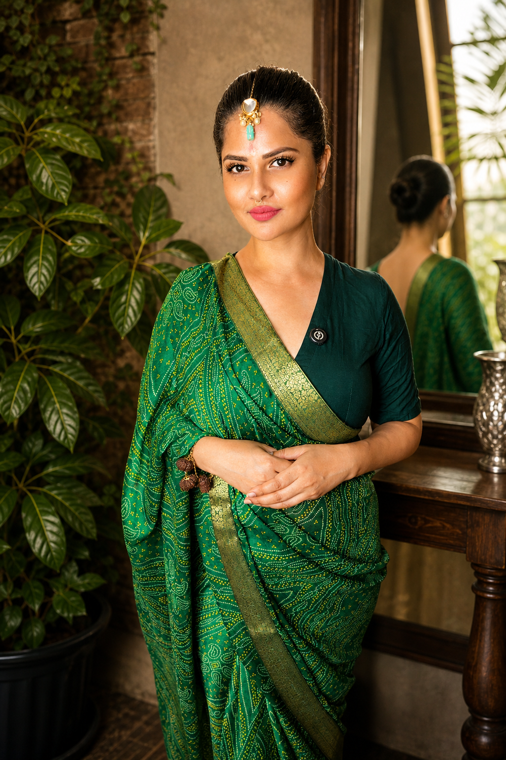 Emerald Green Bandhani Style Moss Chiffon Saree