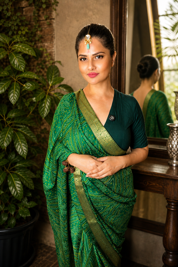Emerald Green Bandhani Style Moss Chiffon Saree