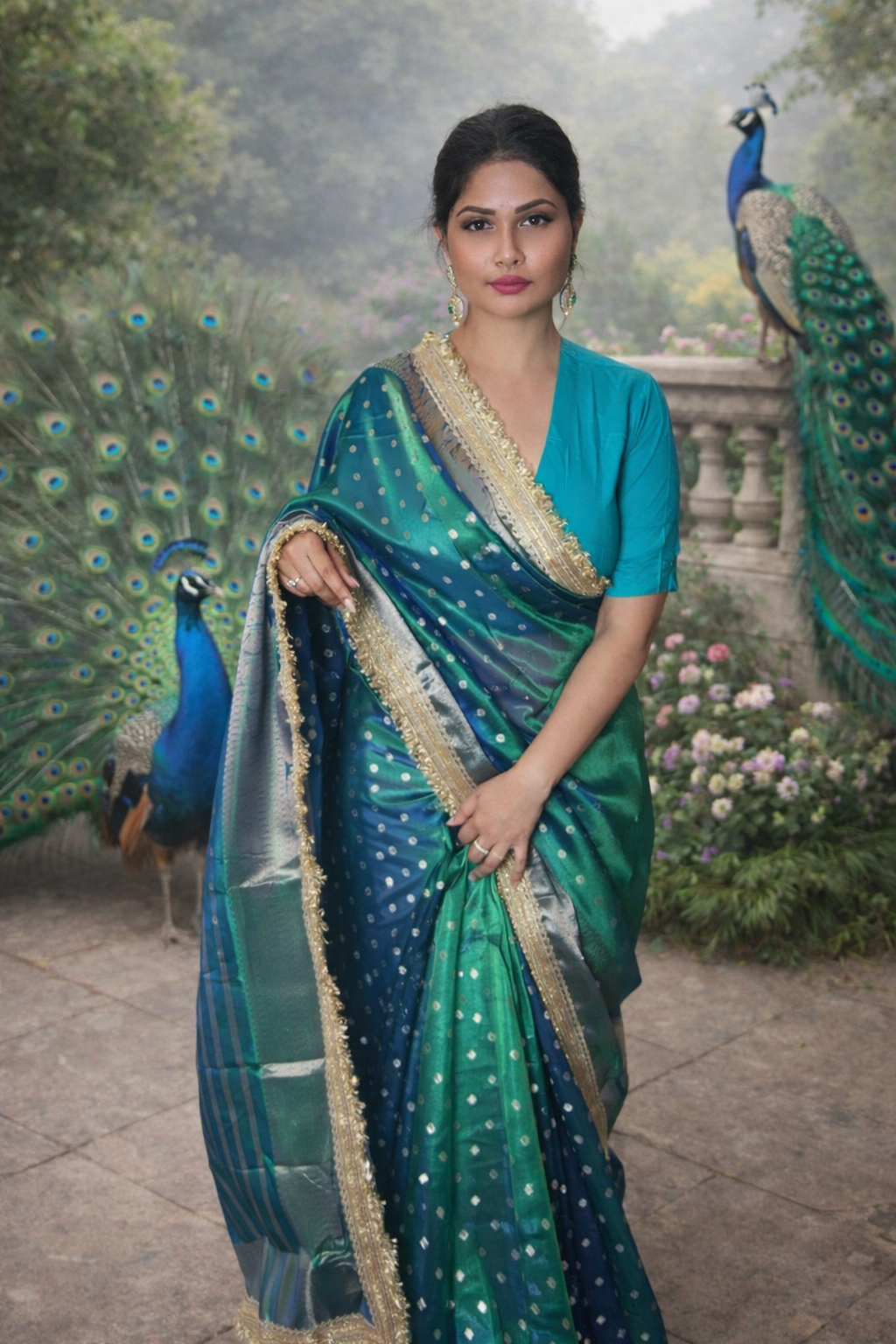Rare Peacock Shade Tissue Silk Designer Lace Work Banarasi Saree