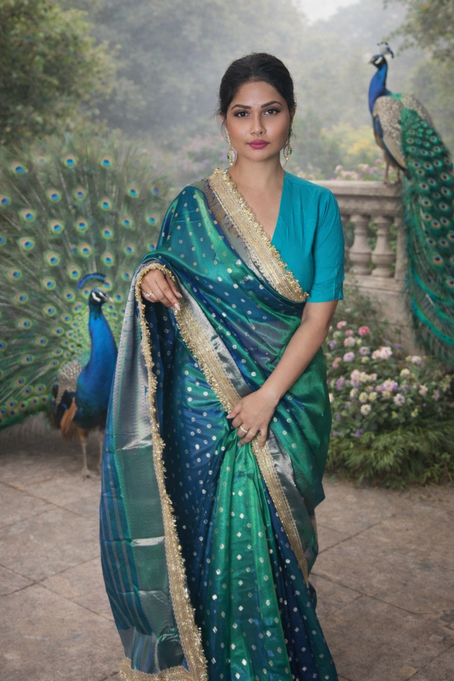 Rare Peacock Shade Tissue Silk Designer Lace Work Banarasi Saree