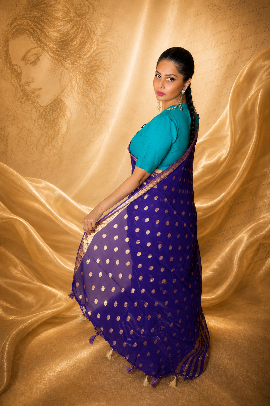 VASTRAYAM Blueish Purple Khaddi Buti Georgette Saree
