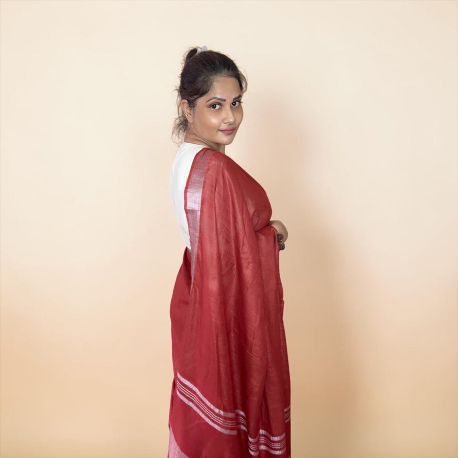 VASTRAYAM Rust  Pure Linen Cotton Saree with Ajrakh Block Print Blouse