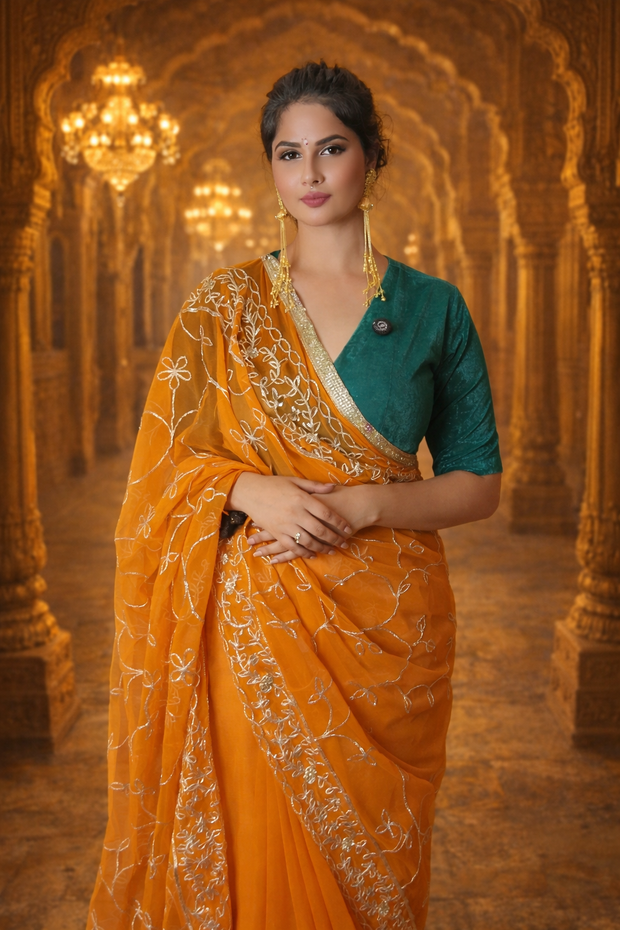 VASTRAYAM Exclusive Mustard Georgette Saree with Embroidered Detailing