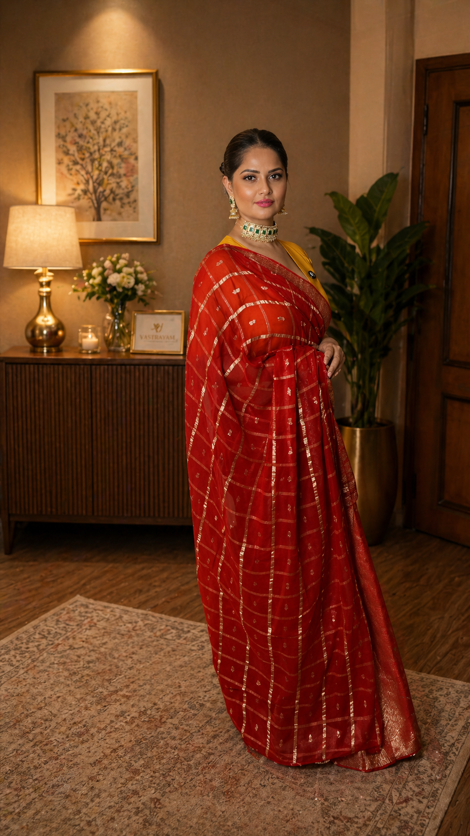 ❤️ Royal Red Bandhani Georgette Saree with Golden Zari Work