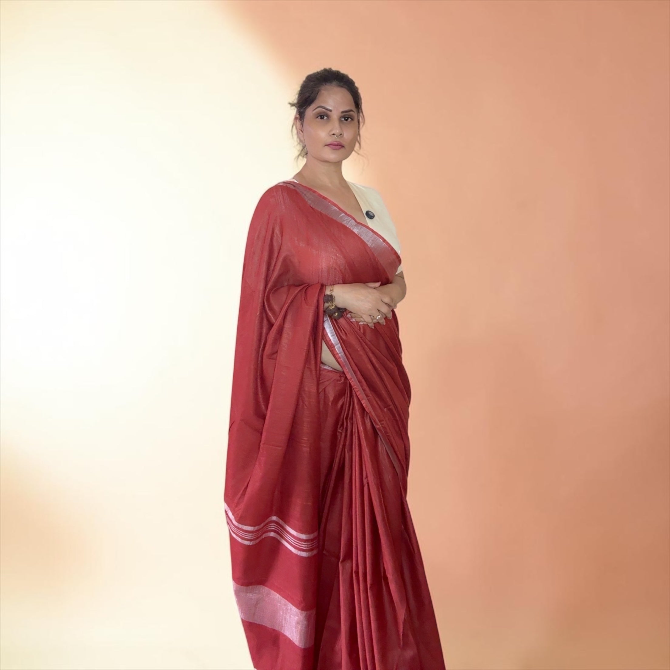 VASTRAYAM Rust  Pure Linen Cotton Saree with Ajrakh Block Print Blouse