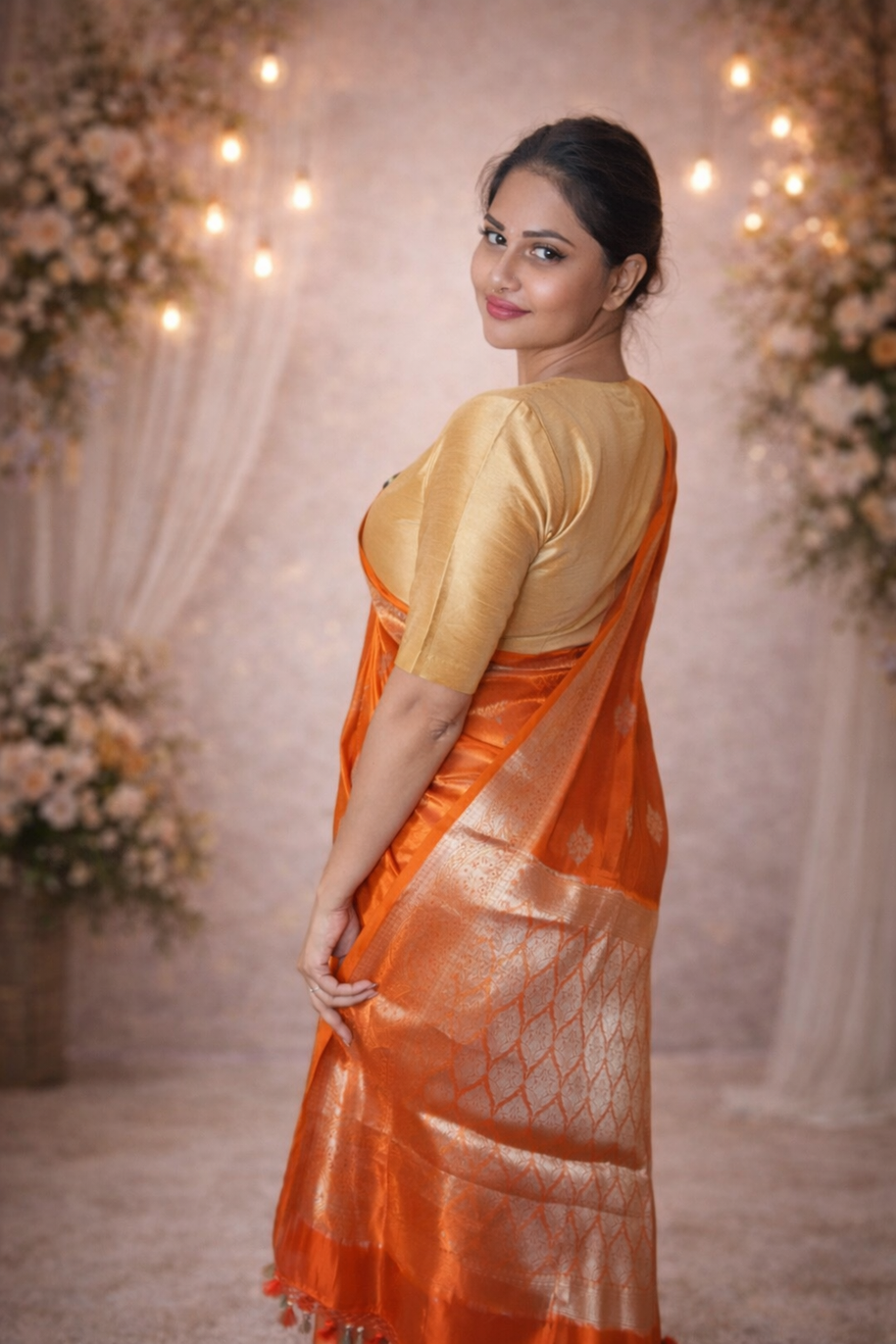 Metallic Orange Tissue Silk Meenakari Banarasi Saree
