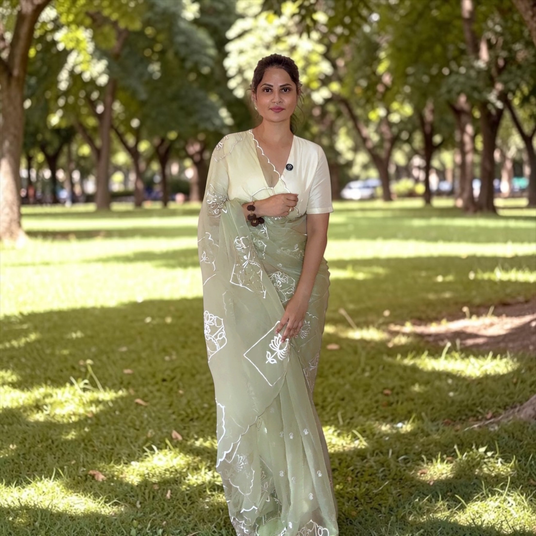 VASTRAYAM Pista Green Ruby Chiffon Silk Saree