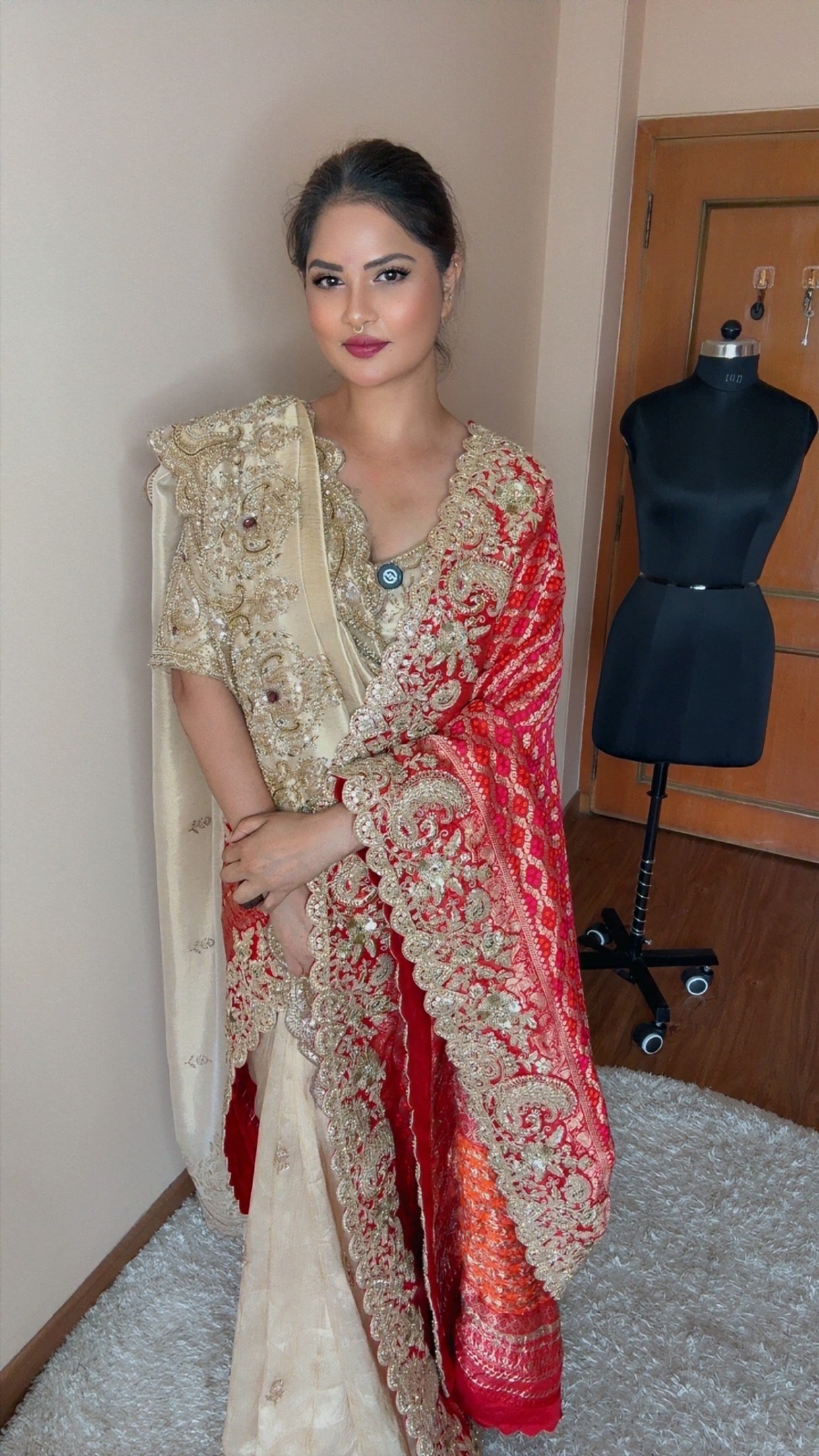 VASTRAYAM Exclusive Ivory Red Handwork Silk Drape Set