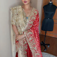 VASTRAYAM Exclusive Ivory Red Handwork Silk Drape Set