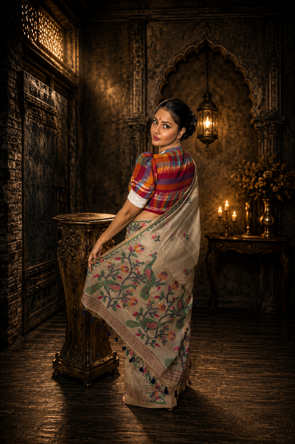 Beige Premium Muga Cotton Jamdani Saree with Peacock Pallu