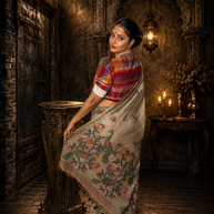 Beige Premium Muga Cotton Jamdani Saree with Peacock Pallu