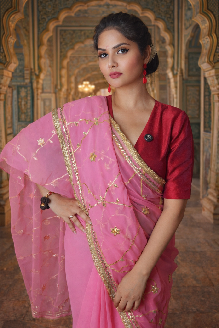 VASTRAYAM Exclusive Pink Georgette Saree with Gold Embroidery
