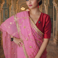 VASTRAYAM Exclusive Pink Georgette Saree with Gold Embroidery