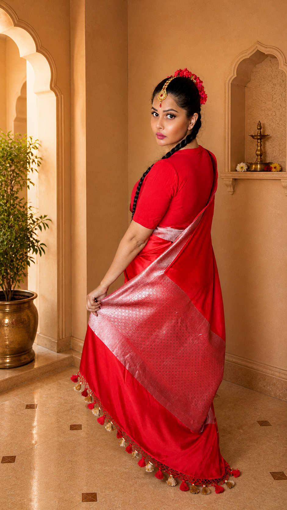Bridal Red Mashru Katan Silk Banarasi Saree – Ghats Inspired Weave