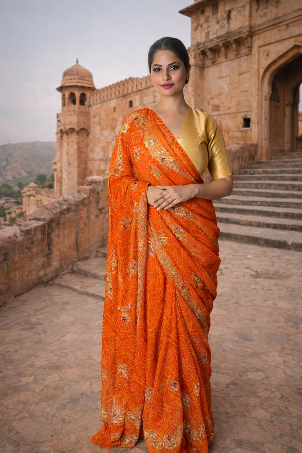 Royal Bandhani Georgette Saree with Golden Embellishment Work