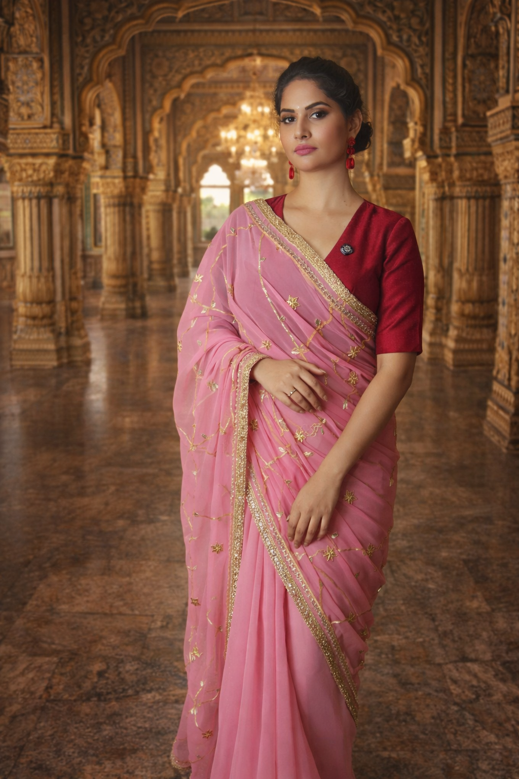 VASTRAYAM Exclusive Pink Georgette Saree with Gold Embroidery