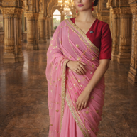 VASTRAYAM Exclusive Pink Georgette Saree with Gold Embroidery