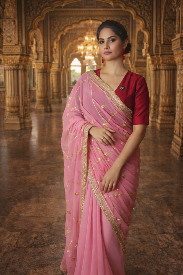 VASTRAYAM Exclusive Pink Georgette Saree with Gold Embroidery