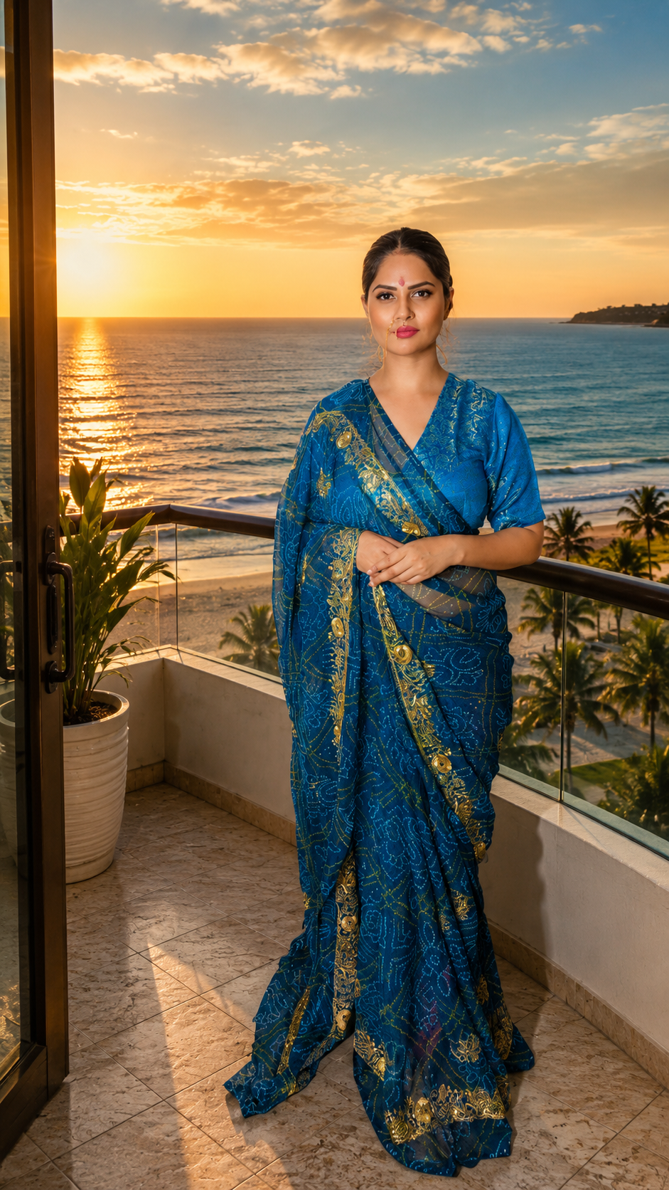 Royal Blue Bandhani Georgette Saree with Golden Sequence Tari Work
