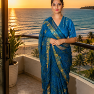 Royal Blue Bandhani Georgette Saree with Golden Sequence Tari Work