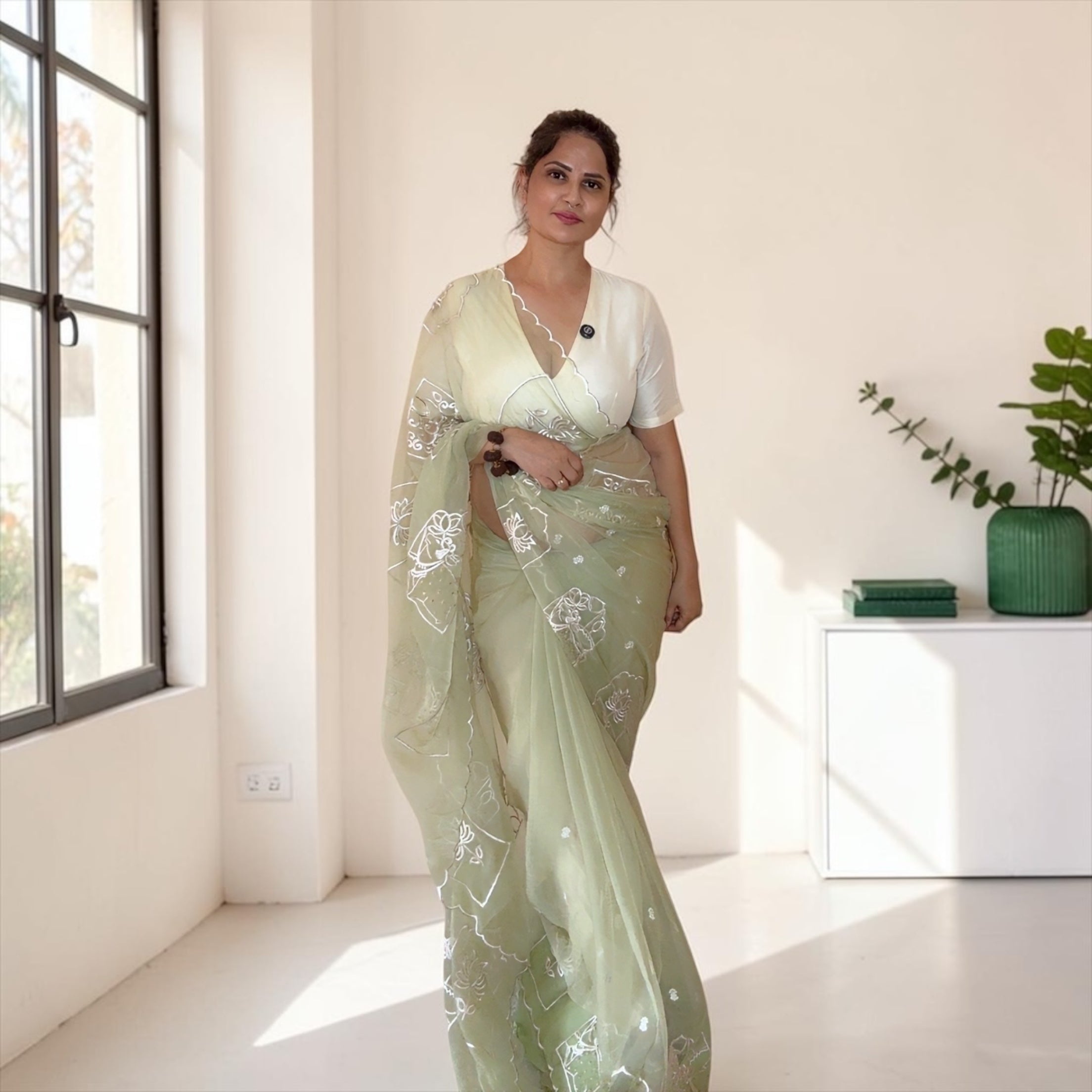VASTRAYAM Pista Green Ruby Chiffon Silk Saree