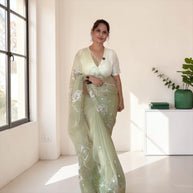 VASTRAYAM Pista Green Ruby Chiffon Silk Saree