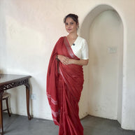 VASTRAYAM Rust  Pure Linen Cotton Saree with Ajrakh Block Print Blouse