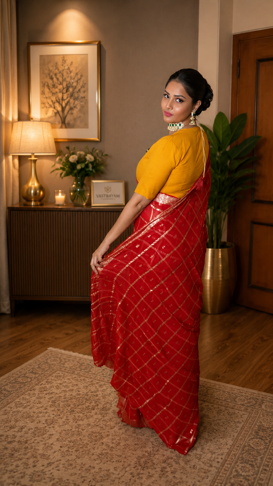 ❤️ Royal Red Bandhani Georgette Saree with Golden Zari Work