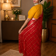 ❤️ Royal Red Bandhani Georgette Saree with Golden Zari Work