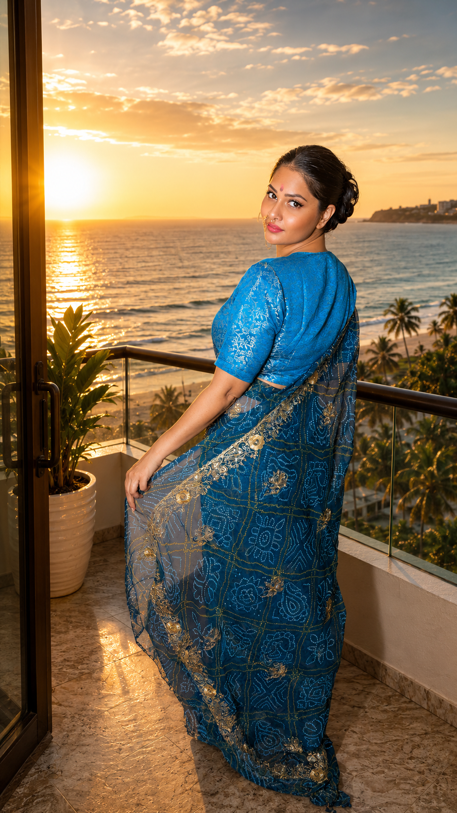 Royal Blue Bandhani Georgette Saree with Golden Sequence Tari Work