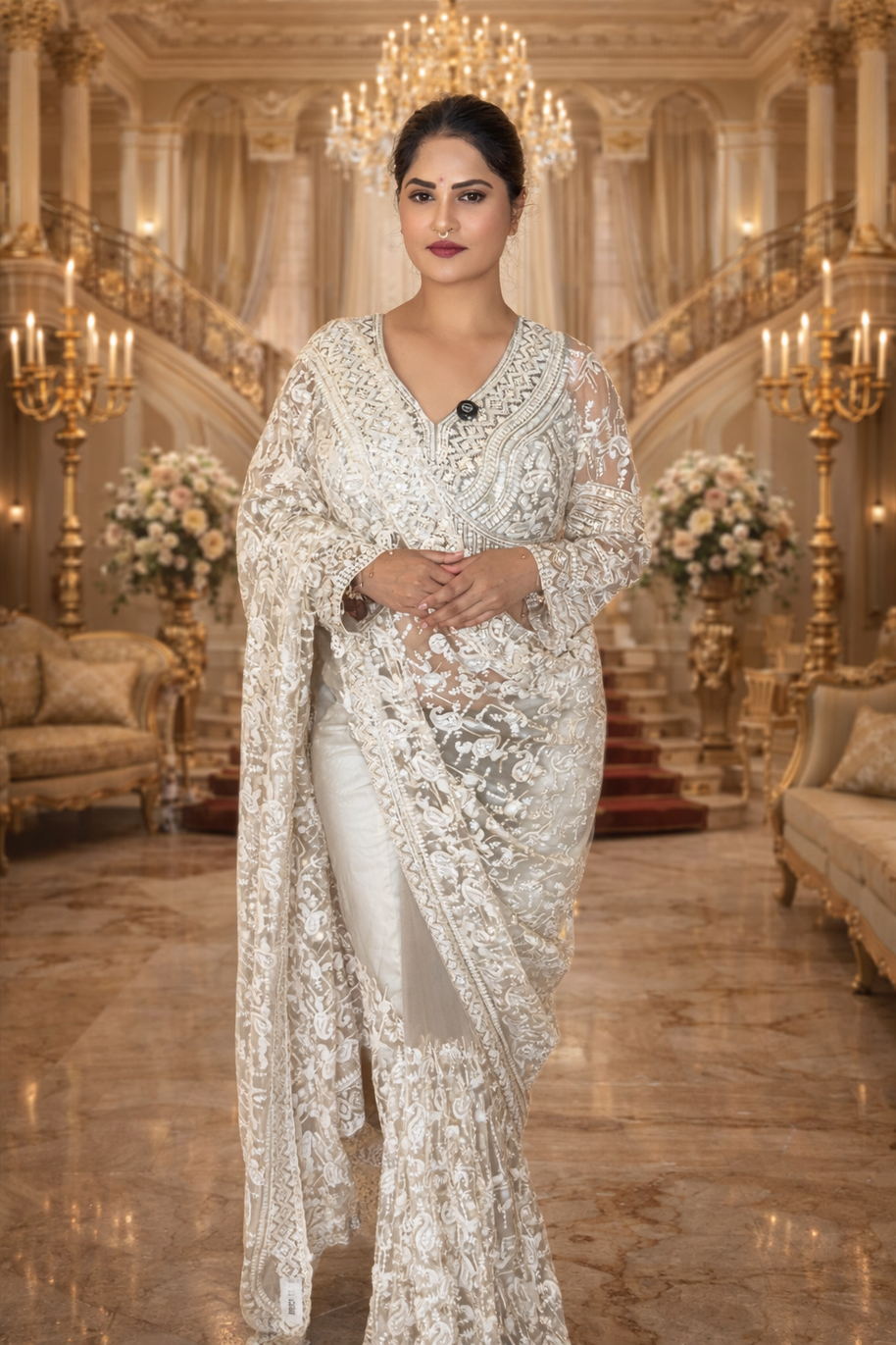 VASTRAYAM Luxury Heavy Embroidered Designer Net Saree