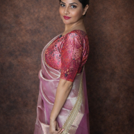 Pink Banarasi Tissue Silk Saree with Zari Border & Rich Pallu