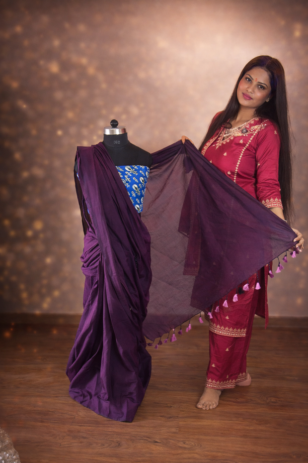 Wine Khadi Cotton Handblock Saree With Printed Blouse | VASTRAYAM