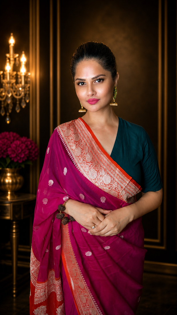 Royal Rani Pink Pure Georgette Zari Saree