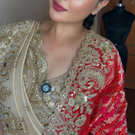 VASTRAYAM Exclusive Ivory Red Handwork Silk Drape Set