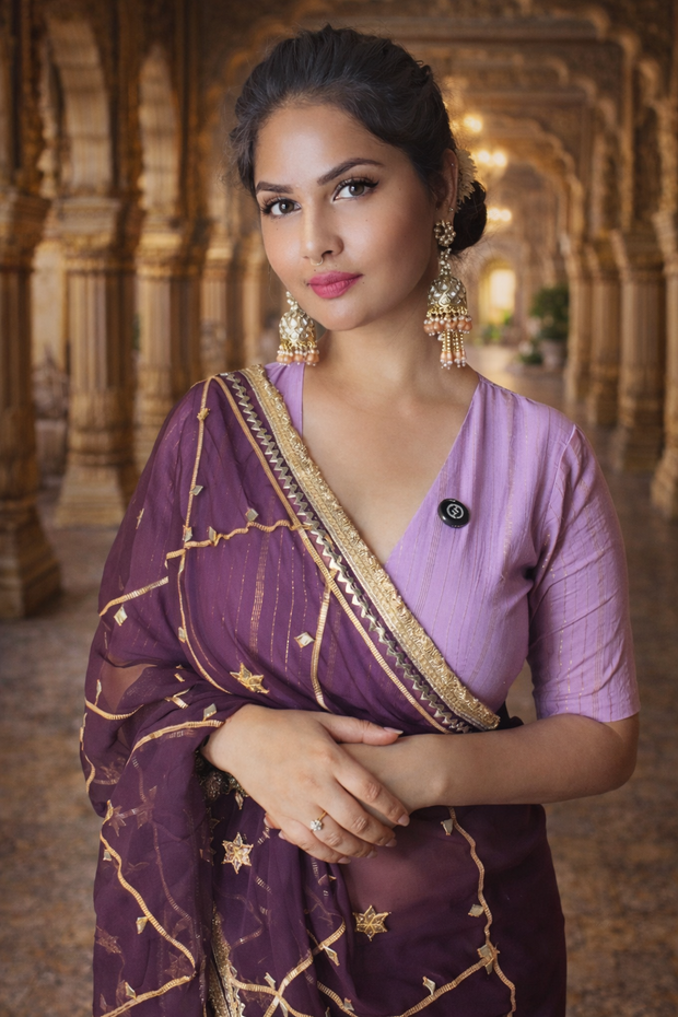 VASTRAYAM Exclusive Wine Purple Georgette Saree with Gold Embroidery