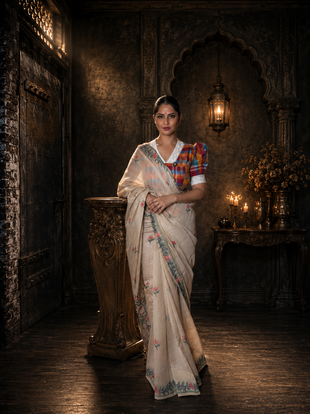 Beige Premium Muga Cotton Jamdani Saree with Peacock Pallu