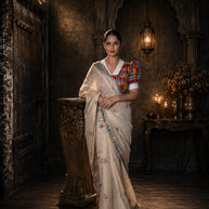 Beige Premium Muga Cotton Jamdani Saree with Peacock Pallu