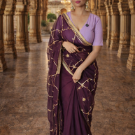 VASTRAYAM Exclusive Wine Purple Georgette Saree with Gold Embroidery