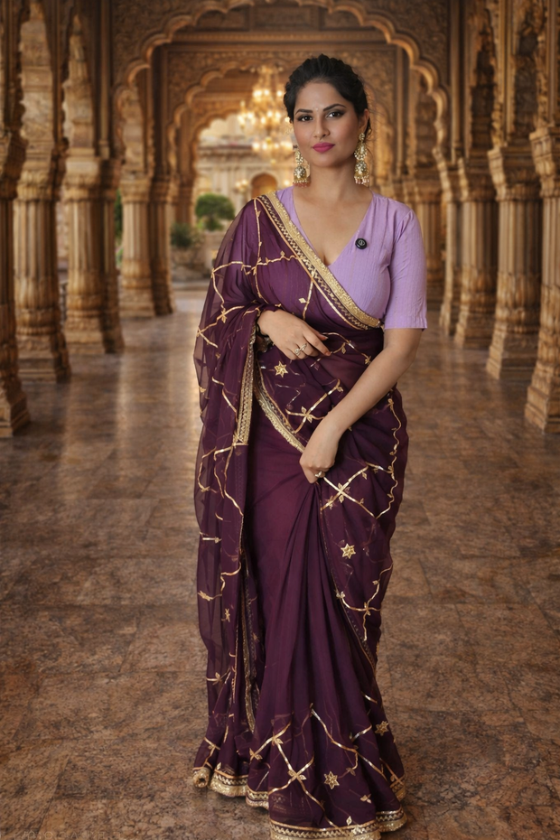 VASTRAYAM Exclusive Wine Purple Georgette Saree with Gold Embroidery