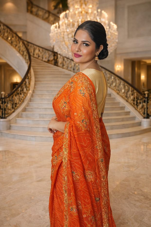 Royal Bandhani Georgette Saree with Golden Embellishment Work